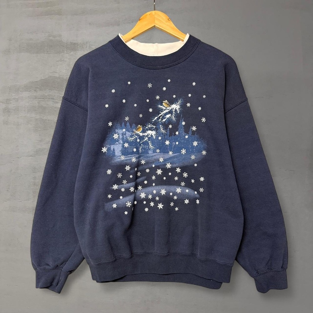 Vintage Nature Grandma Sweatshirt Navy Blue Winter Bird Snowflake Graphic XL